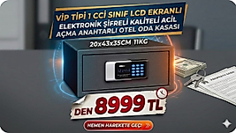 VIP TİPİ  1 Cİ SINIF LCD EKRALI ELEKTRONİK ŞİFRELİ KALİTELİ ACİL AÇMA ANAHTARLI OTEL ODA KASASI 20*43*35CM 11KĞ ( 99€ )