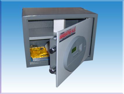 0025PİOG  METAL RENK PARMAK İZİ İLE AÇILIP KAPANA BİLEN ACİL AÇMA ANAHTARLI ÇELİK PARA KASASI  25*35*25cm 15Kg ( 389€ )