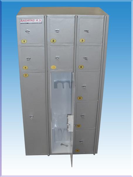 11 GÖZLÜ HER GÖZDE TEK KASA ANAHTARLI ERZURUM M BANK TİPİ 2 GÖZÜNE 6 ADET MP5 TÜFEK SIGAN EMANET KASASI 115*60*30CM 50KĞ (1500€ )