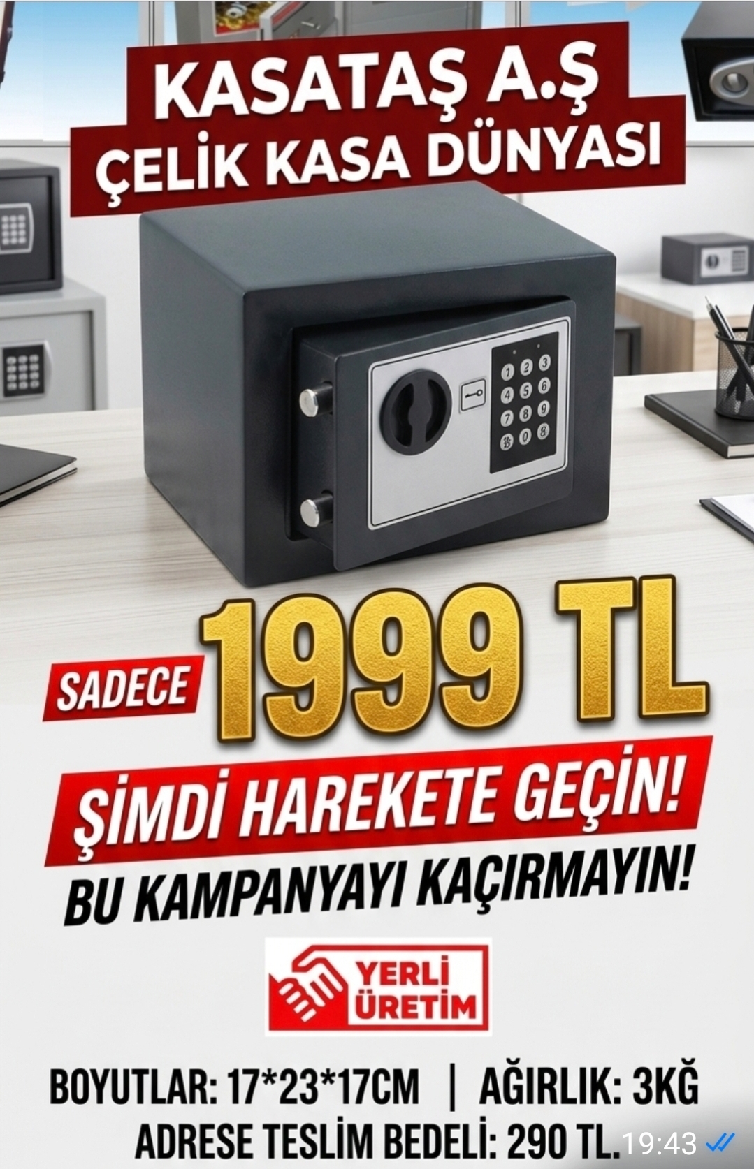 0017İE OTEL ODA TİPİ ELEKTRONİK KASA ( ACİL AÇMA ANAHTARLI ) 17*23*17CM 3KĞ ( 1999TL )