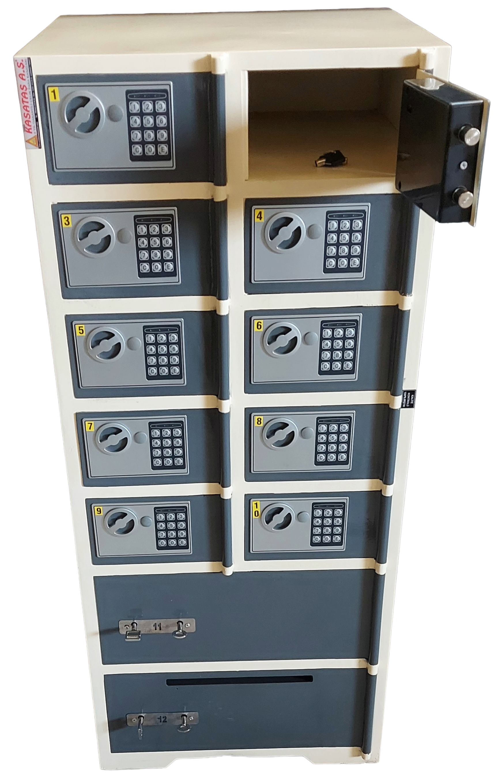 BODRUM TİPİ 12 GÖZLÜ TURİZMCİ 10 GÖZÜ ELEKTRONİK ŞİFRELİ 2 ADET BÜYÜK GÖZLÜ 1 GÖZÜ KUMBARA DELİKLİ OTEL EMANET KASASI 117*50*45CM  50KĞ ( 1899€ )