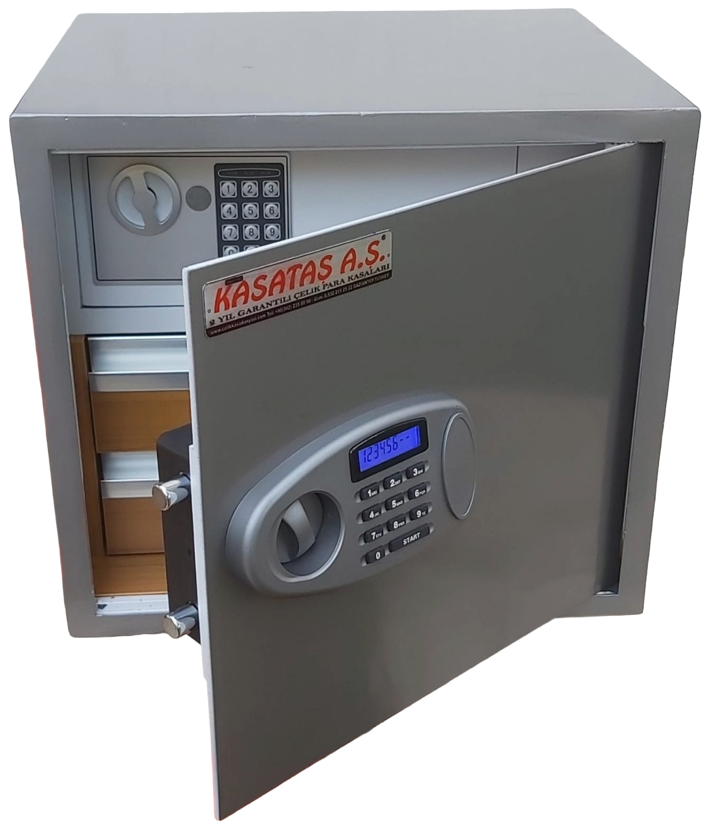 002LCD EV TİPİ  İÇİNDE AHŞAP 2 ADET ÇEKMECELİ ELEKTRONİK ŞİFRELİ ÇELİK PARA KASASI 50*50*50CM 50KĞ ( 899€ )